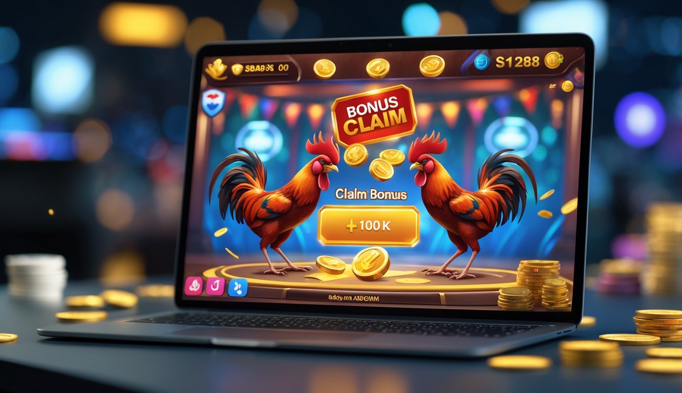 Seorang pengguna bermain game sabung ayam online di perangkat digital dengan tampilan bonus yang sedang diklaim di layar.