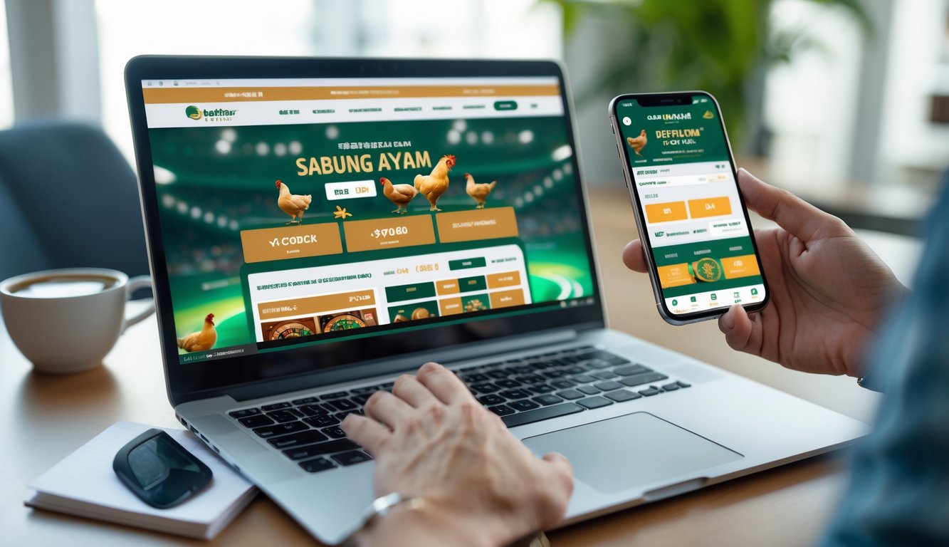 Seseorang menggunakan laptop dan ponsel untuk mendaftar dan melakukan deposit pada situs sabung ayam online di meja kerja.