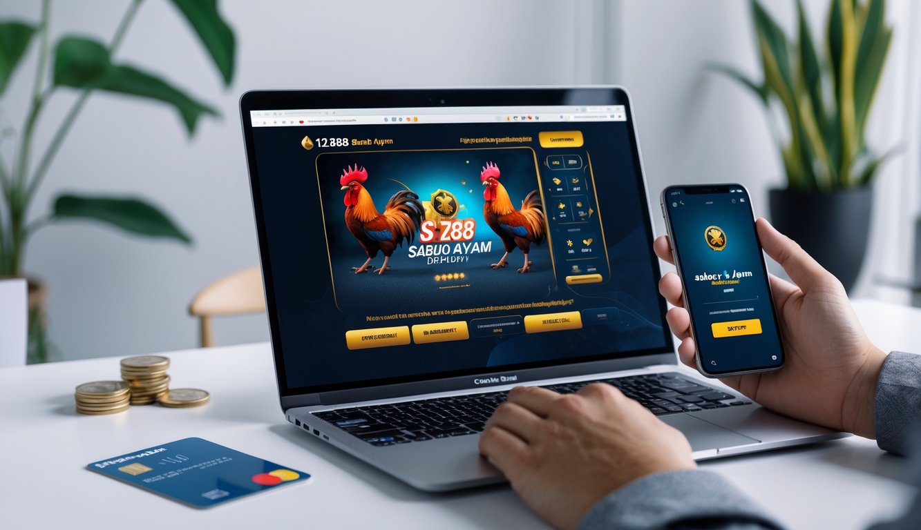 Seorang pengguna sedang menggunakan laptop dan smartphone untuk taruhan sabung ayam online dengan suasana kerja yang rapi dan terang.