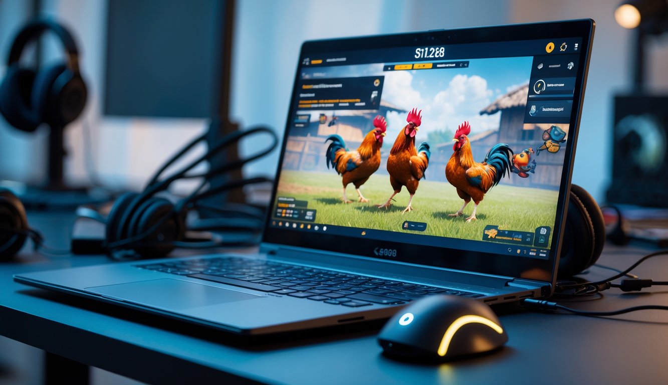 Seorang pemain sedang menggunakan laptop dengan tampilan permainan sabung ayam online, dikelilingi oleh aksesori gaming di meja kerja yang rapi.