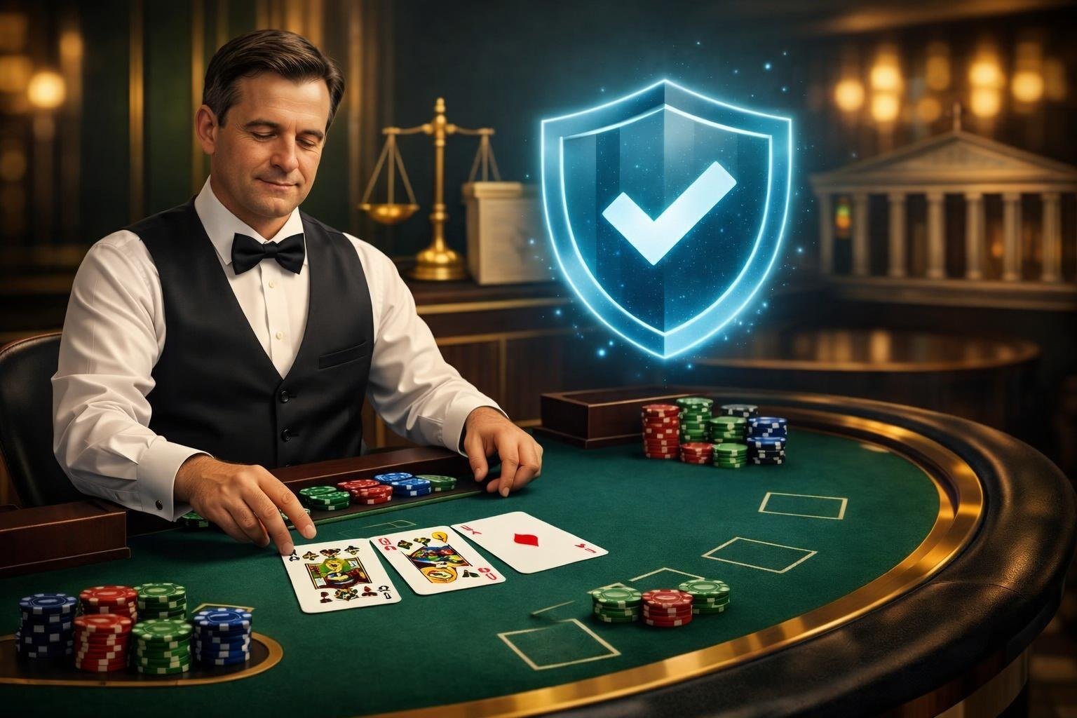 A Blackjack Table With A Dealer Dealing Cards And A Digital Shield Icon Above The Table Representing Security And Fairness.