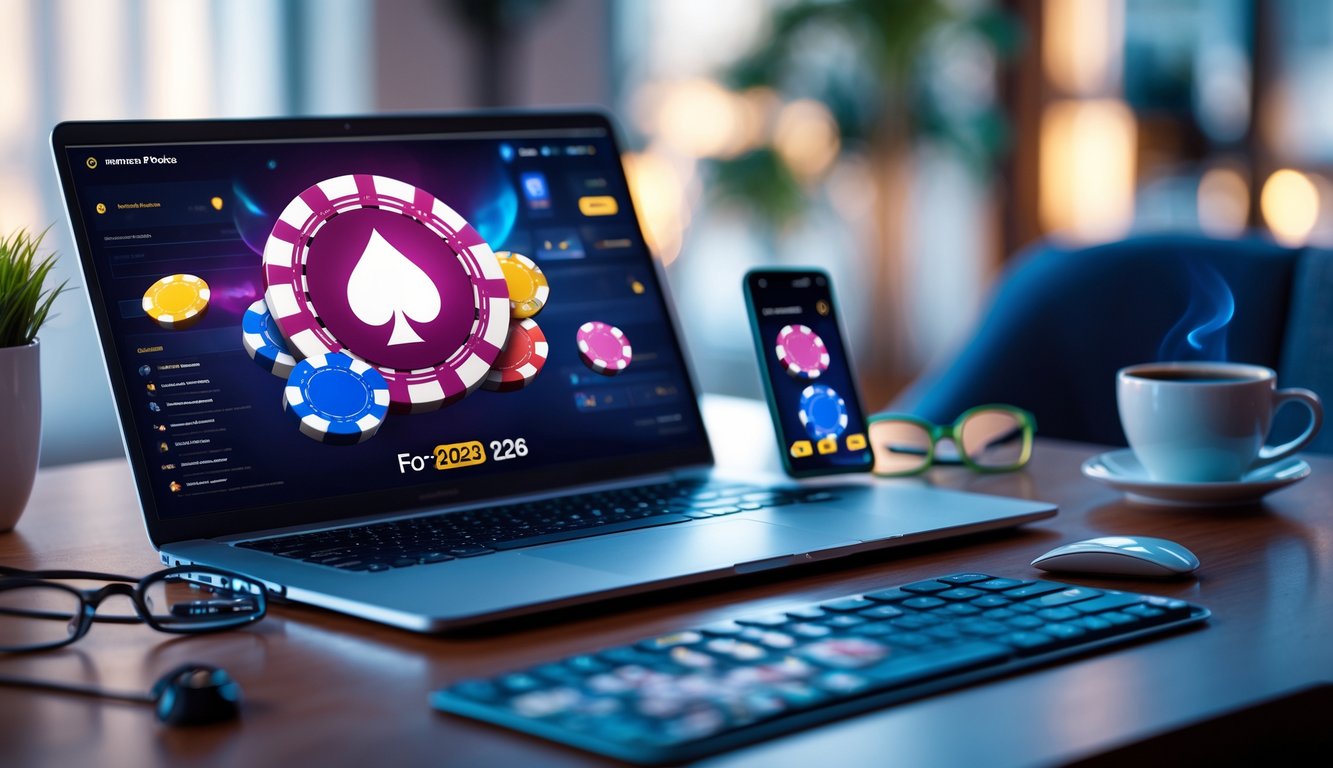 Antarmuka permainan poker online ditampilkan di laptop dan ponsel di atas meja kerja dengan tumpukan chip poker dan kartu bermain.