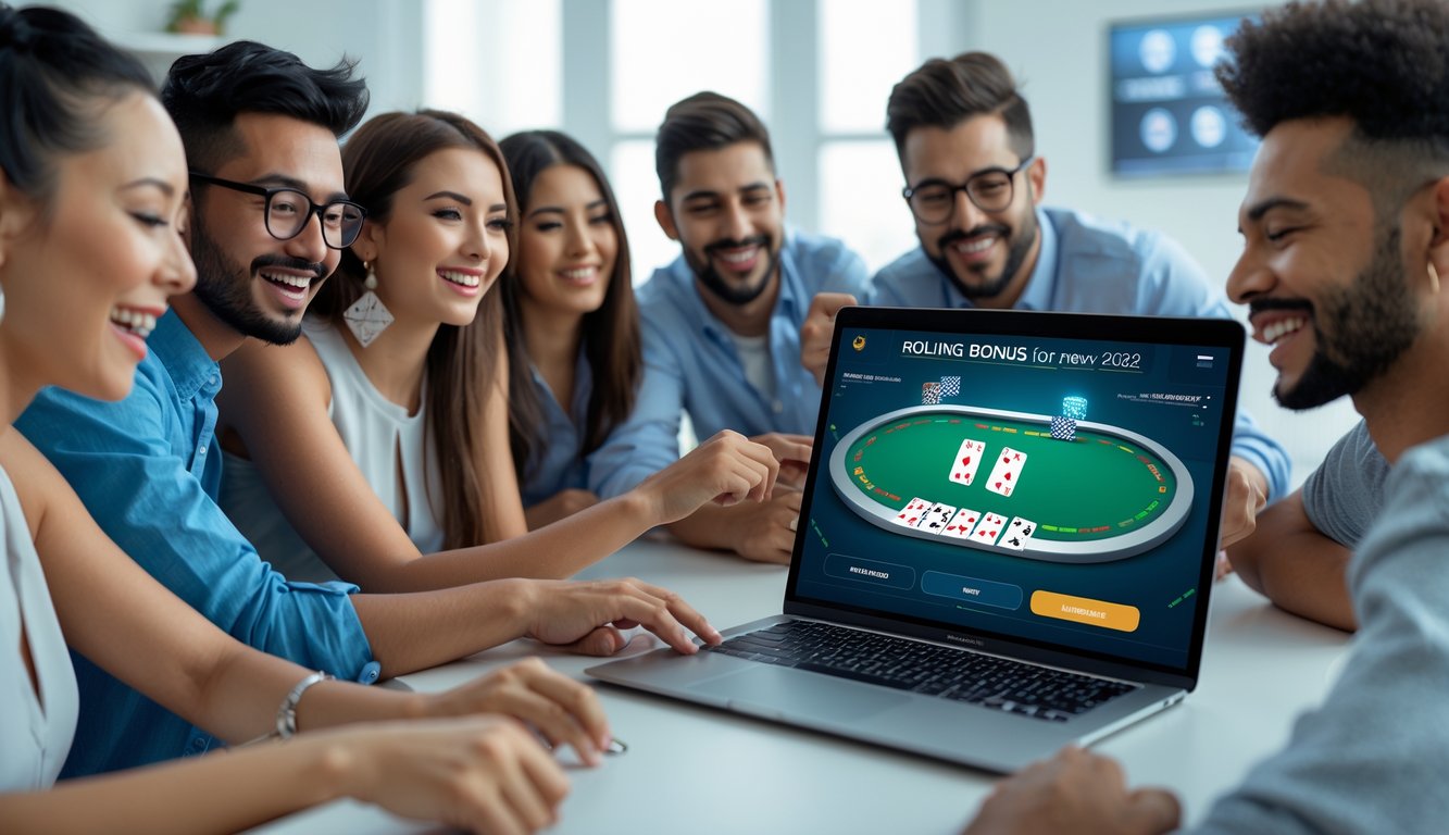 Sekelompok orang muda sedang bermain poker online di depan laptop dengan tumpukan chip dan kartu poker di layar.