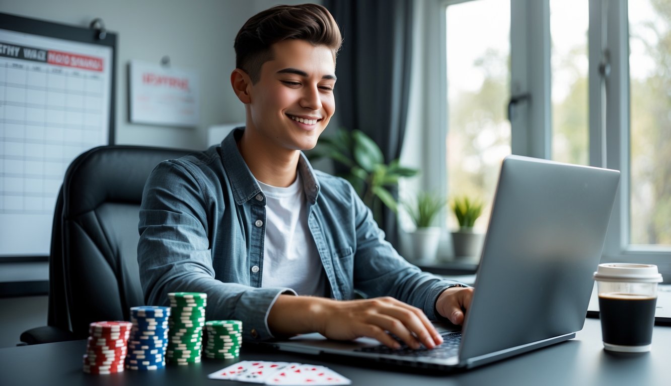 Seseorang sedang menggunakan laptop di meja kerja dengan chip poker dan kartu remi di sampingnya.