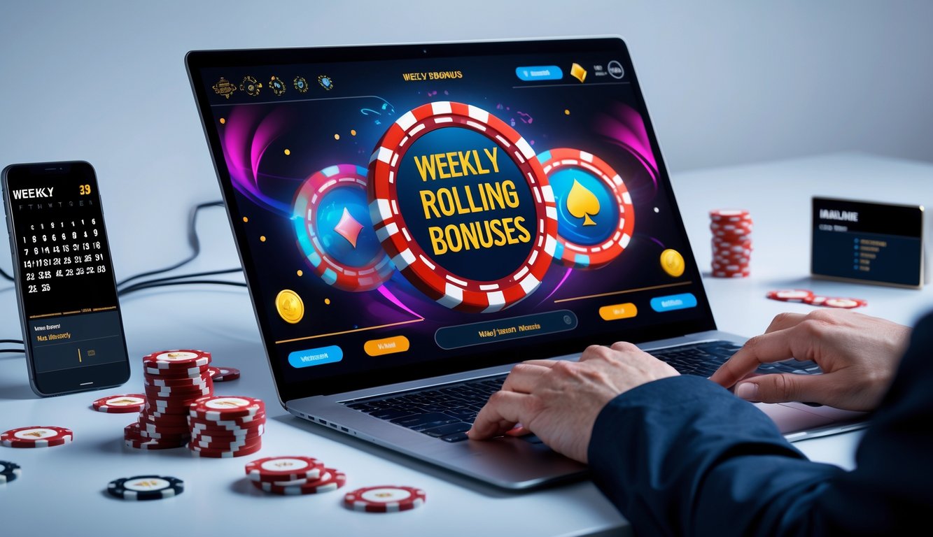 Seorang pemain poker online menggunakan komputer dengan tampilan permainan poker dan chip di meja, menunjukkan proses klaim bonus mingguan.