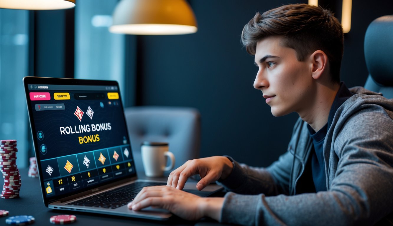 Seorang pemain poker online yang fokus duduk di depan laptop dengan kartu dan chip poker di meja.