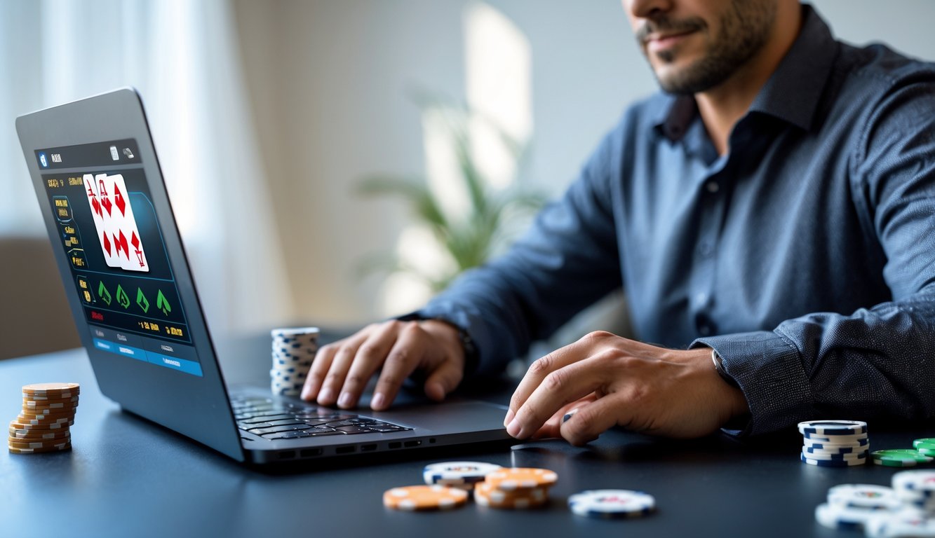 Seorang pemain poker online sedang bermain di laptop dengan tumpukan chip poker di sampingnya di ruangan yang terang dan rapi.