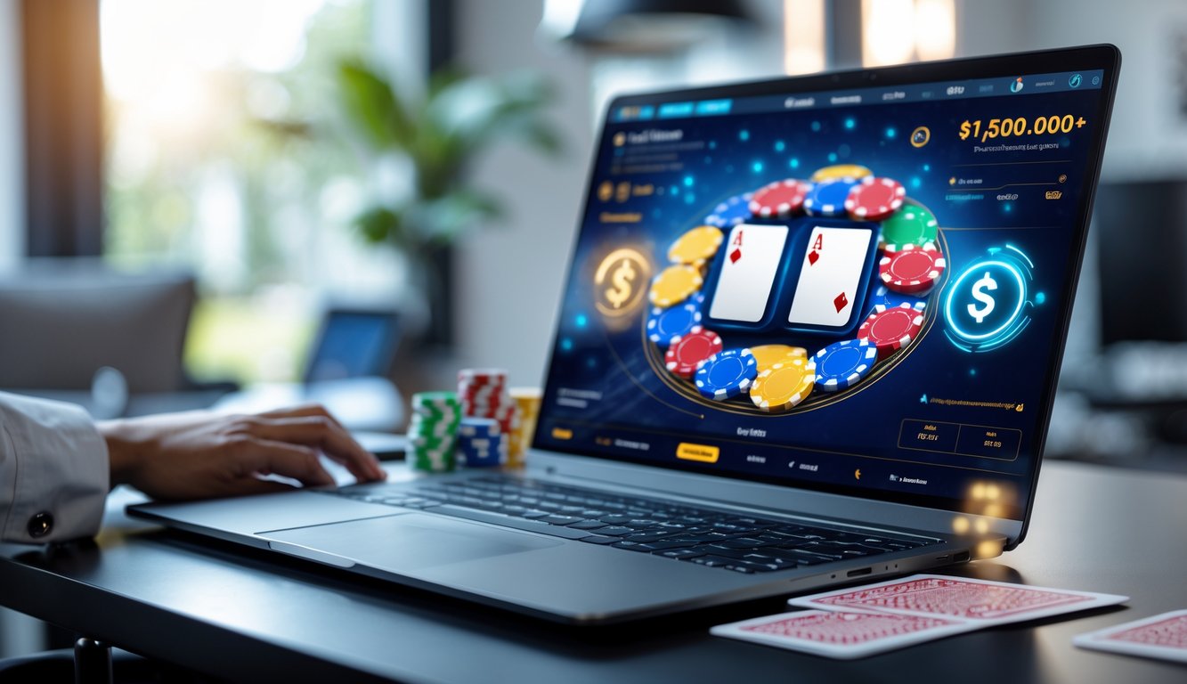 Seorang pemain poker online menggunakan komputer dengan tumpukan chip poker dan kartu bermain di meja, menunjukkan suasana permainan poker digital dengan elemen bonus transaksi.