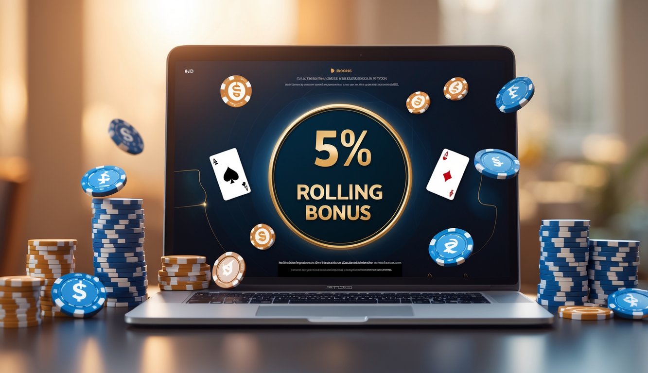 Tampilan layar komputer dengan permainan poker online dan chip poker di sekitarnya.