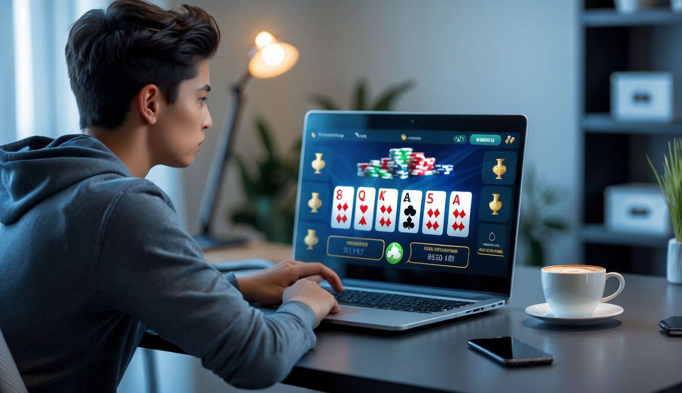 Seorang dewasa muda duduk di meja kerja dengan laptop, fokus bermain poker online di ruangan yang terang dan nyaman.