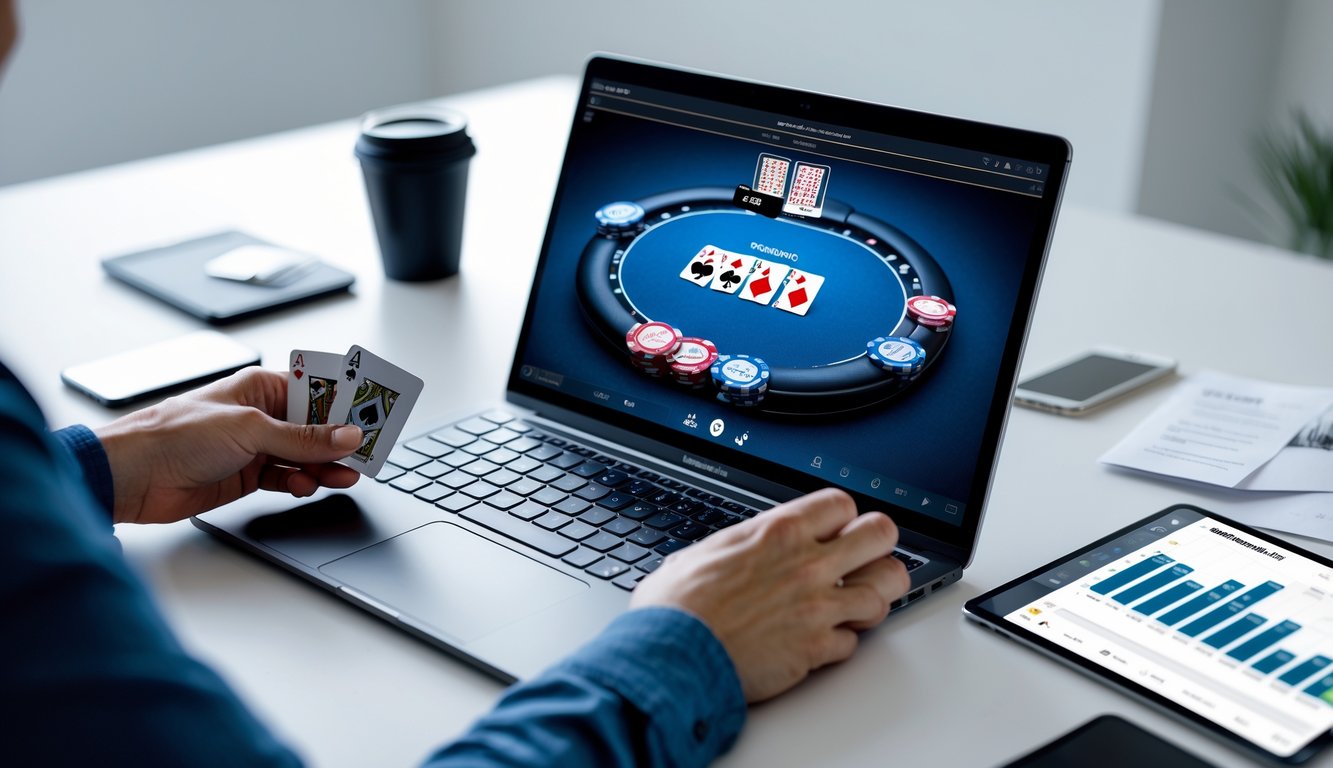 Orang sedang bermain poker online di depan laptop dengan kartu dan chip poker di meja, suasana kerja yang fokus dan rapi.