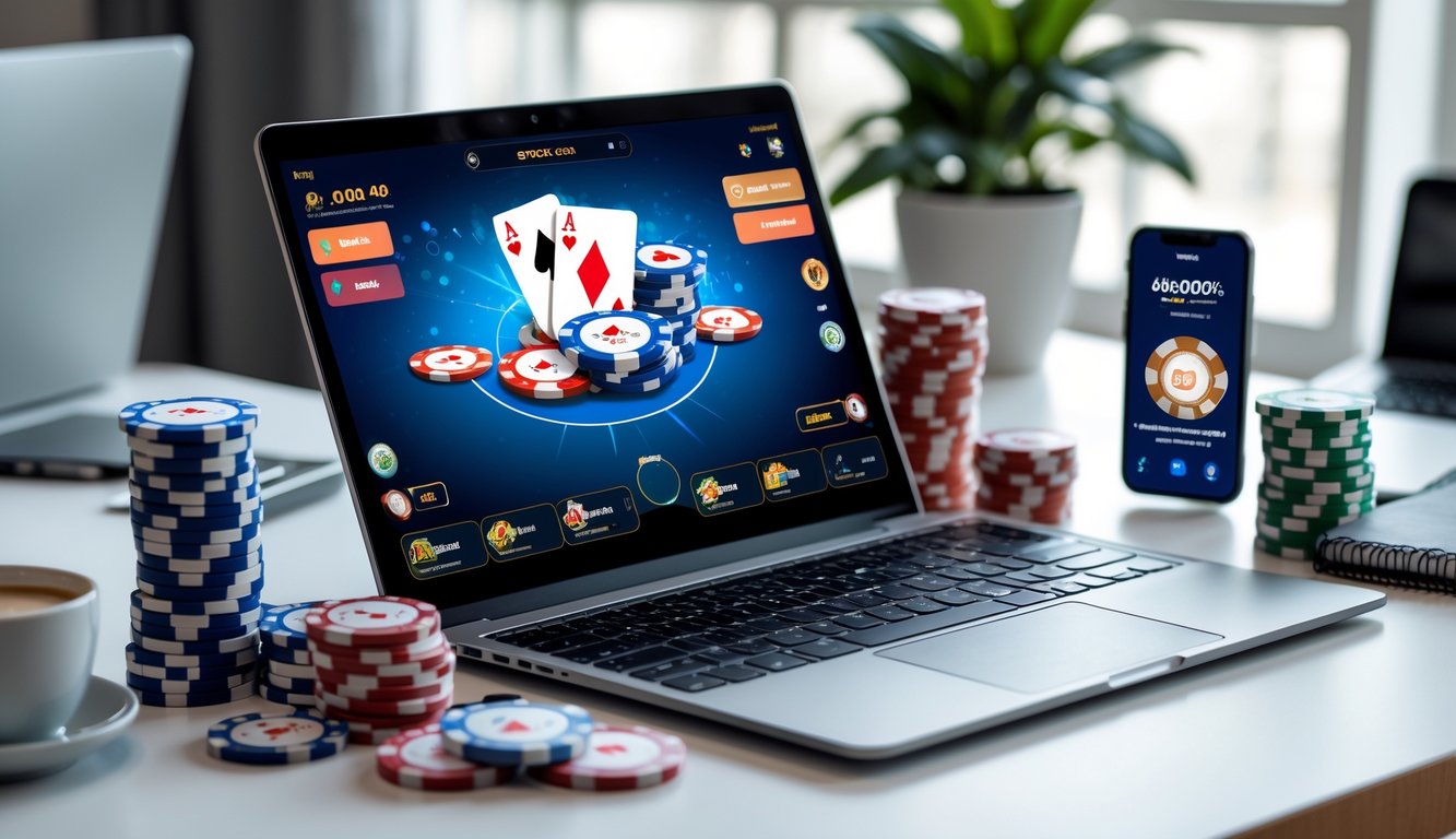 Sebuah meja dengan laptop yang menampilkan permainan poker online, tumpukan chip poker, dan ponsel dengan notifikasi bonus, di lingkungan kerja yang rapi.