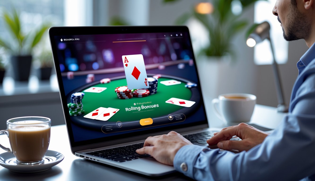 Seorang pria duduk di depan komputer yang menampilkan permainan poker online dengan chip dan kartu, di ruang kerja yang rapi dan terang.