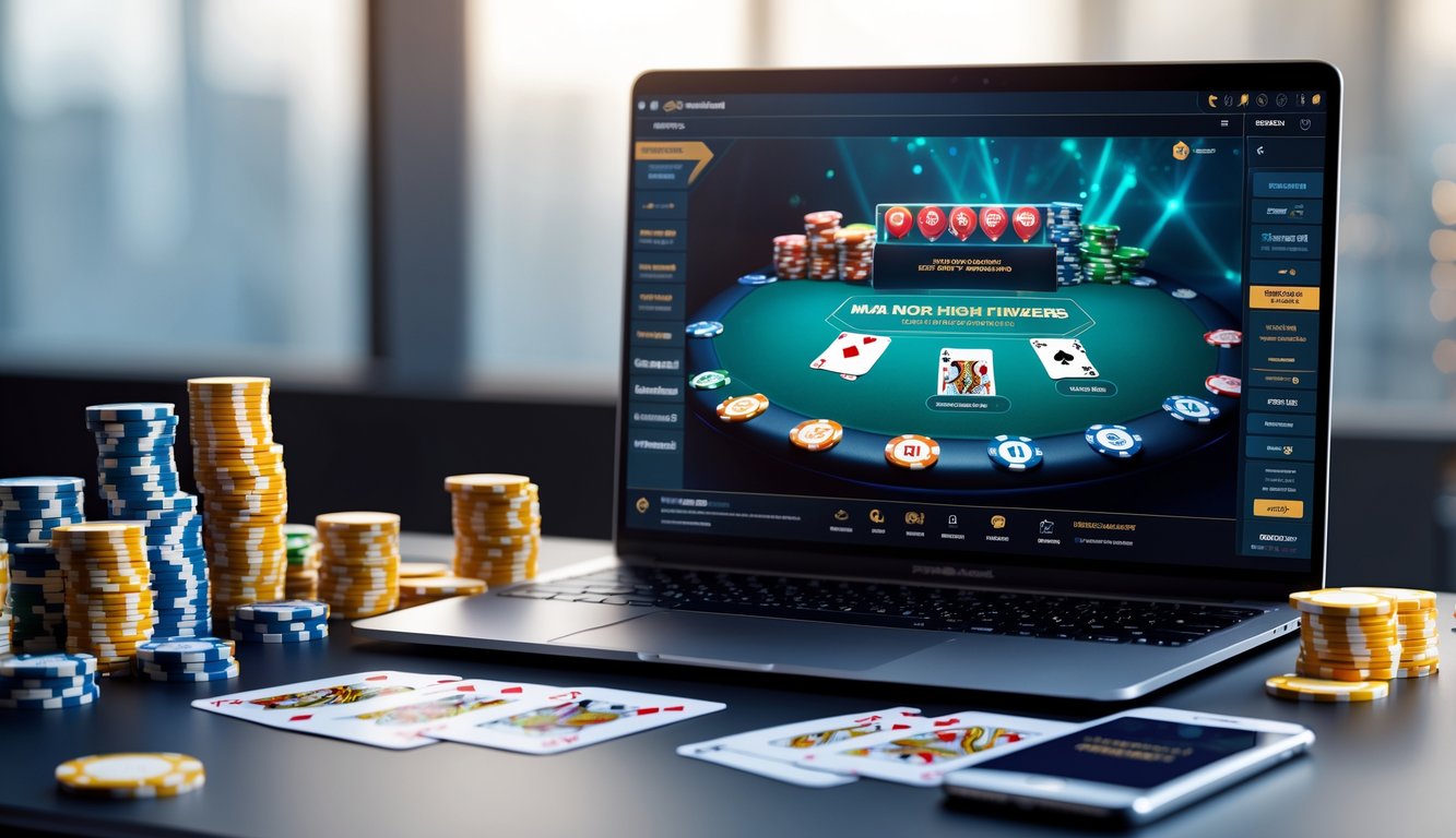 Meja kerja modern dengan laptop yang menampilkan permainan poker online, tumpukan chip poker, kartu bermain, dan ponsel dengan notifikasi bonus.