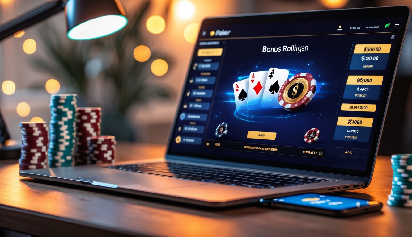 Sebuah laptop menampilkan permainan poker online dengan tumpukan chip poker di meja dan ponsel yang menunjukkan notifikasi bonus.