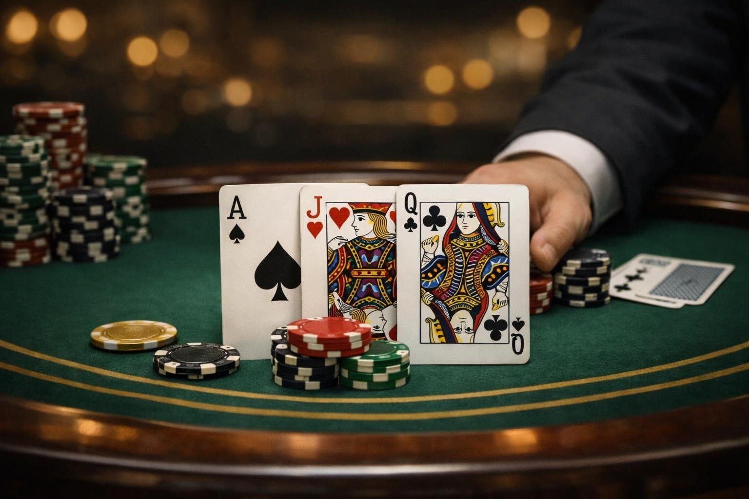 A Casino Blackjack Table With Playing Cards And Chips Arranged To Show A Winning Hand.