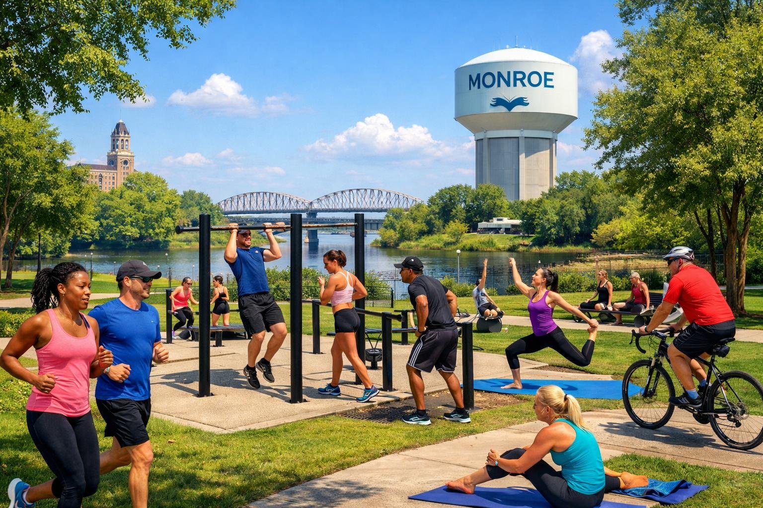 People exercising outdoors in a green park with trees and clear sky, jogging, cycling, and doing yoga.