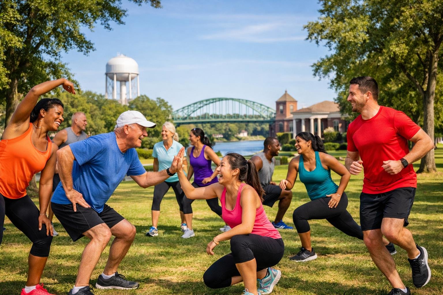 A diverse group of people exercising together outdoors in a green park with trees and blue sky, enjoying a community fitness event.