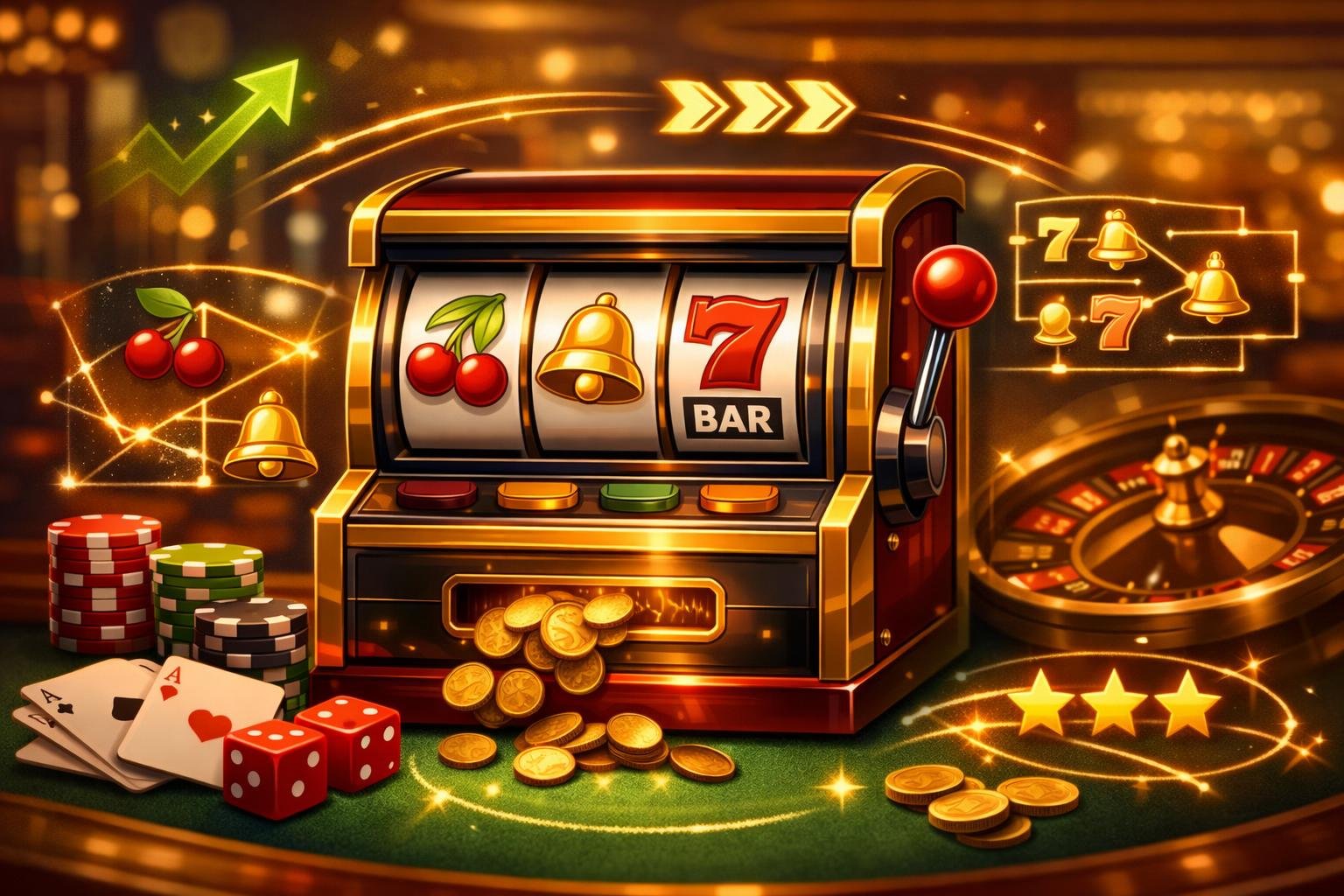 A Detailed Casino Scene Featuring A Classic Slot Machine With Traditional Symbols And Subtle Visual Cues Suggesting Guidance And Strategy.