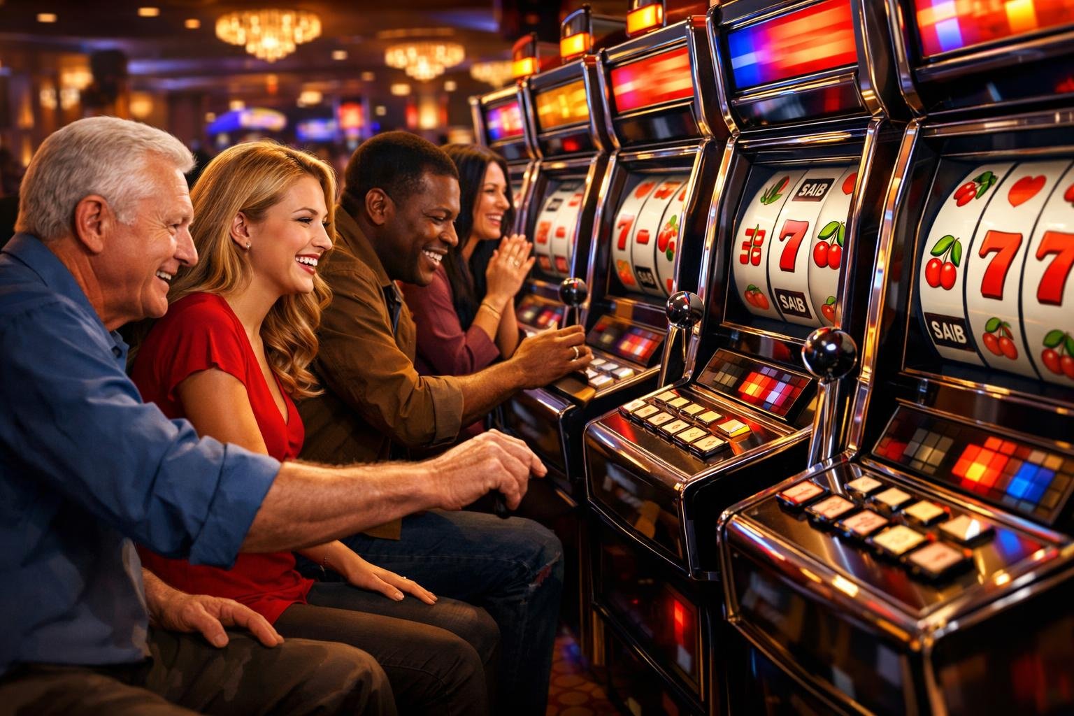 A Lively Casino Scene Showing People Playing Classic Slot Machines With Spinning Reels And Traditional Symbols.