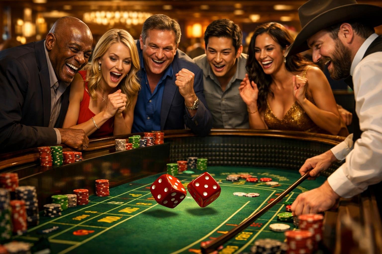 A Group Of People Gathered Around A Craps Table In A Casino, Watching Dice Roll With Excitement.