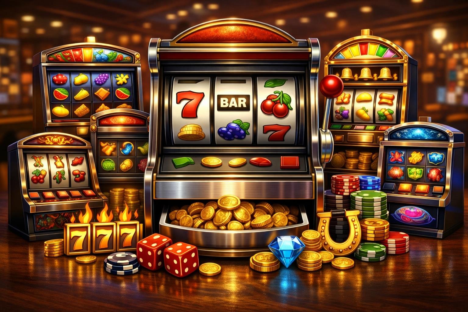 A Classic Slot Machine Surrounded By Various Smaller Slot Game Machines Showing Different Symbols And Themes In A Casino Setting.