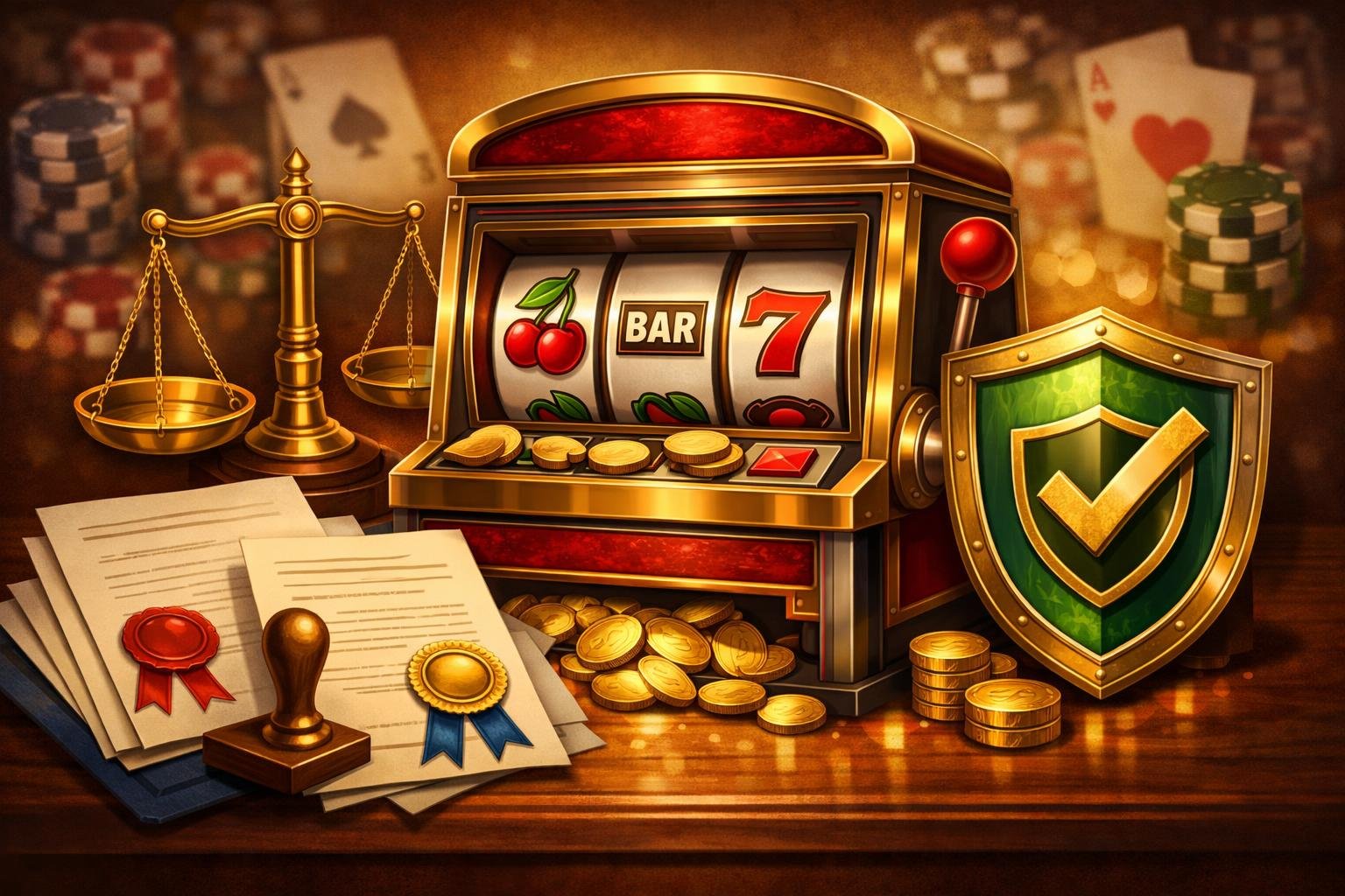 A Classic Slot Machine Surrounded By Symbols Of Fairness And Licensing, Including A Balanced Scale, Official Documents, And A Shield Emblem.