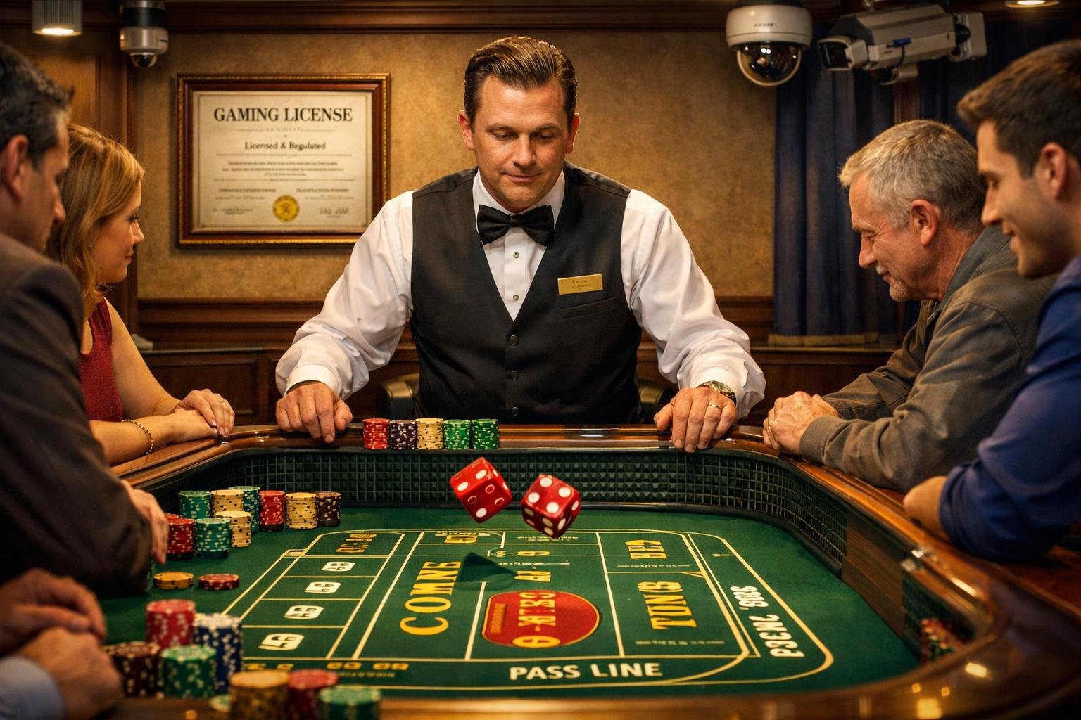 A Casino Craps Table With Players And A Dealer Overseeing Dice Being Rolled, Showing A Fair And Regulated Gaming Environment.