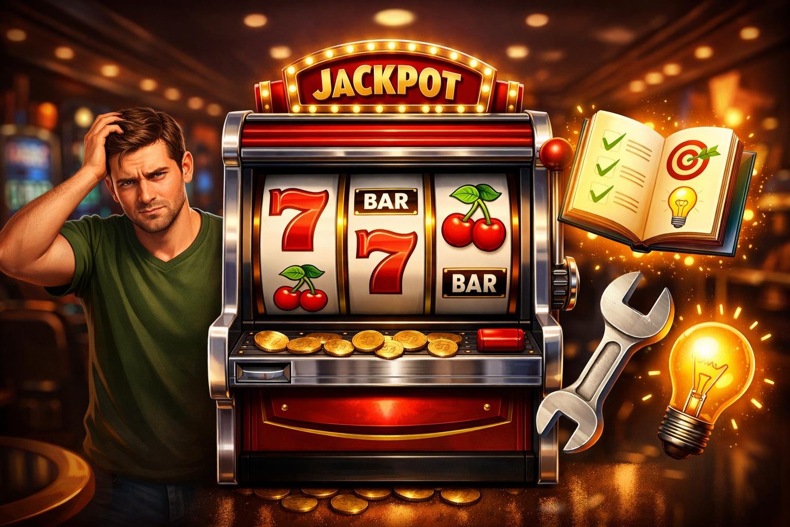 A Classic Slot Machine With Spinning Reels And Symbols, A Frustrated Player, A Guidebook, And Icons Representing Troubleshooting And Solutions In A Casino Setting.