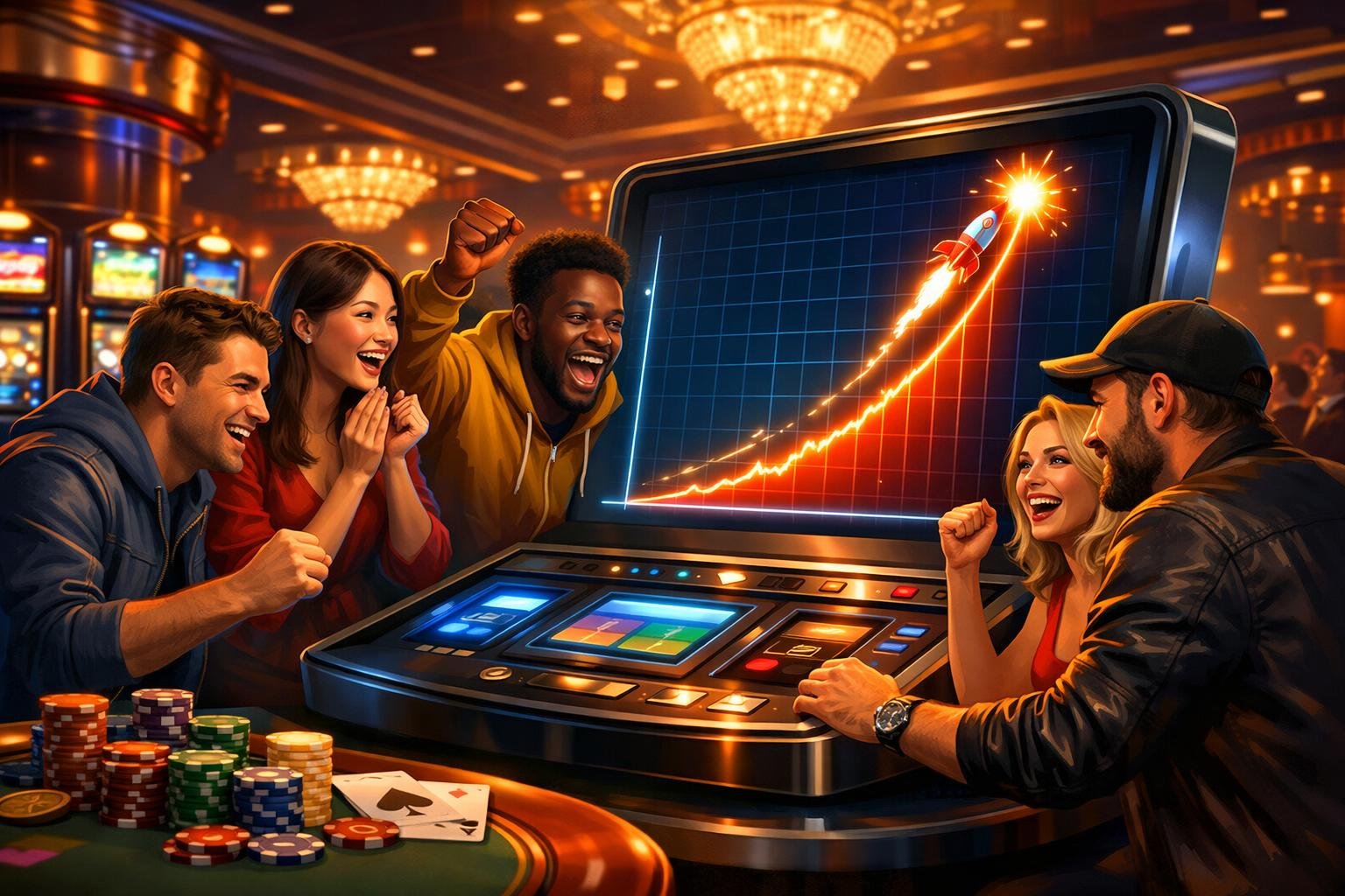 A Group Of People Playing A Crash Game Machine In A Lively Casino Setting With Gaming Equipment And Colorful Lights Around Them.