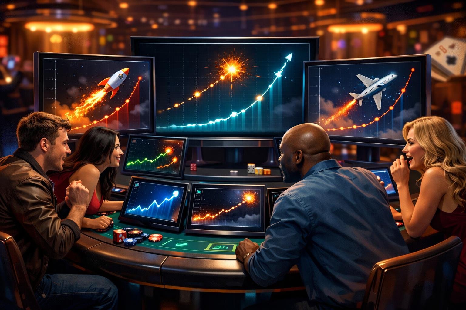 A Casino Scene Showing Players Around A Table With Digital Screens Displaying Crash Game Multipliers And Graphs.