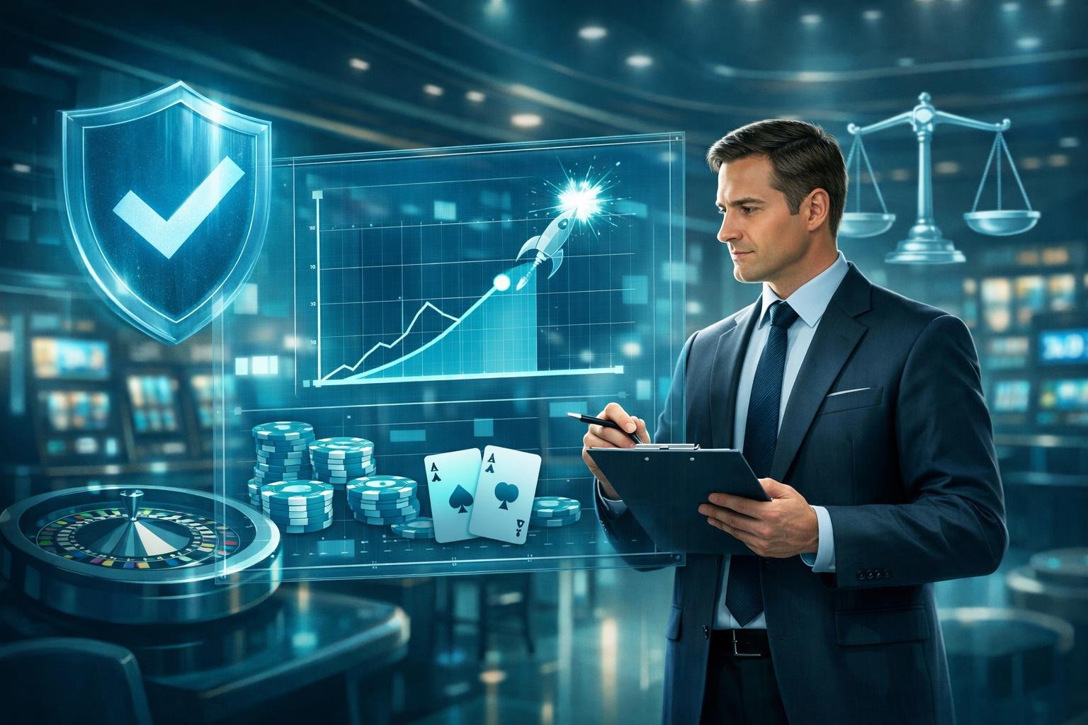 A Person Reviewing Digital Casino Game Data With Symbols Of Security And Fairness In A Modern Casino Setting.
