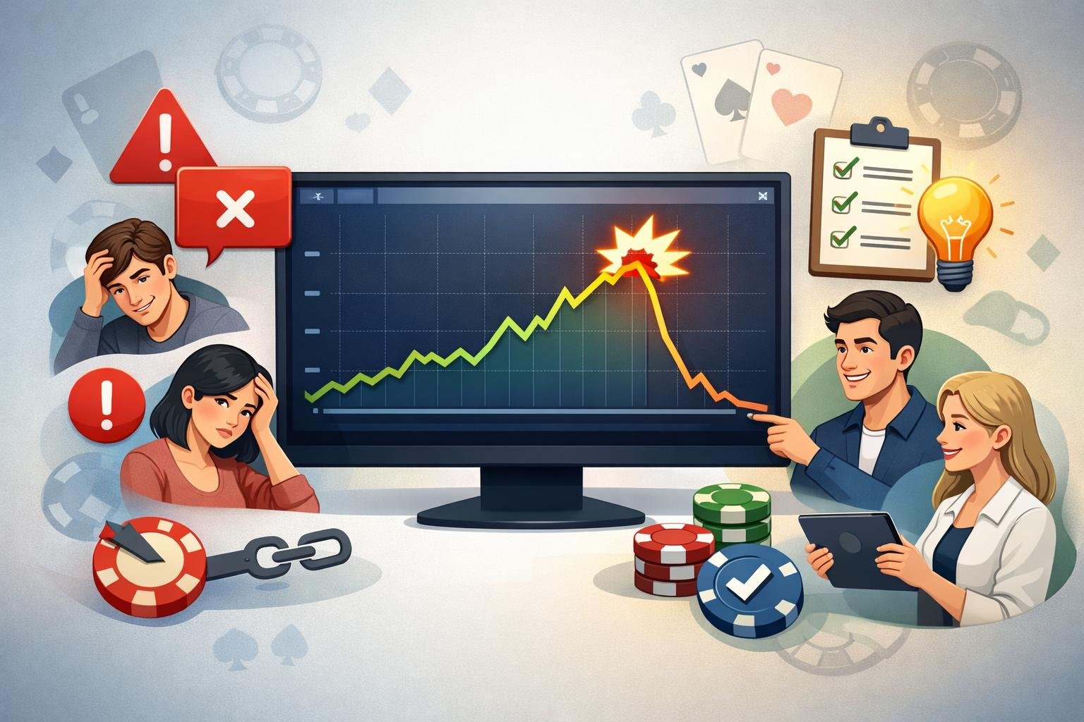A Computer Screen Showing A Crash Game Graph With Icons Representing Problems On One Side And Solutions On The Other, With User Figures Illustrating Frustration And Confidence.