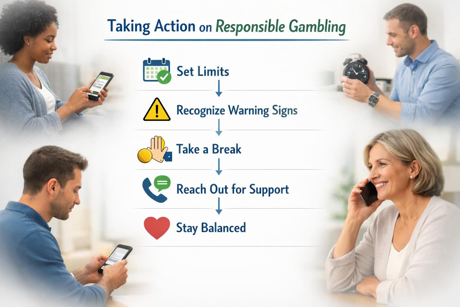 People In A Calm Casino Setting Practicing Responsible Gambling With Staff Support And SelfMonitoring.