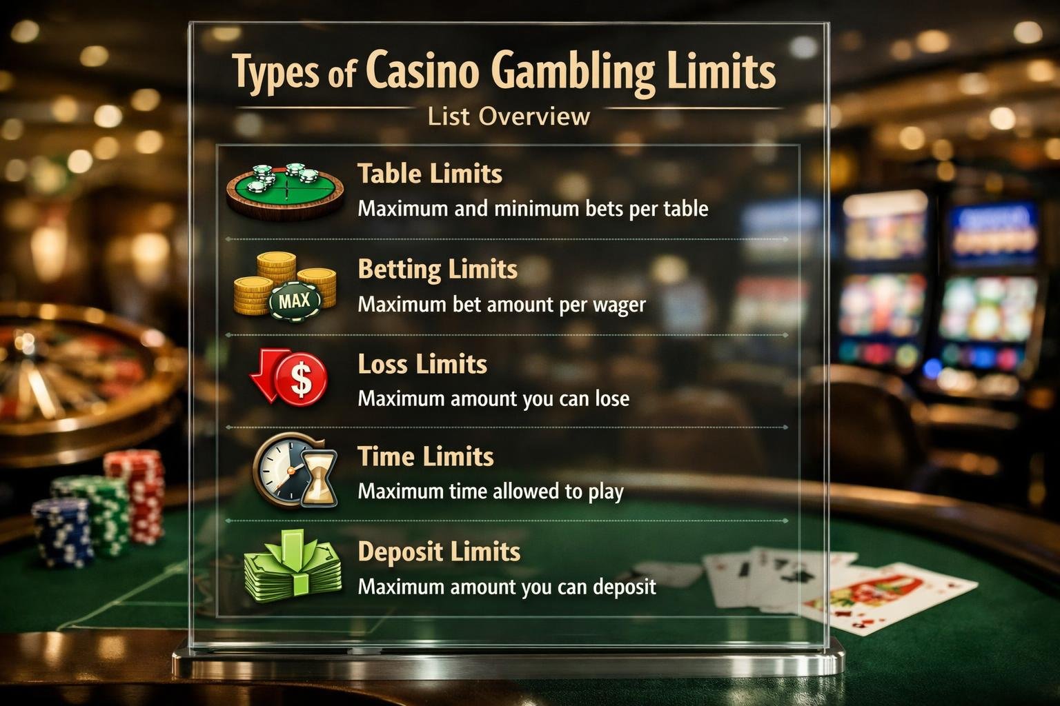 A Casino Table With Poker Chips, Cards, And Dice Surrounded By Icons Representing Gambling Limits Like Budget, Time, And Session Controls.