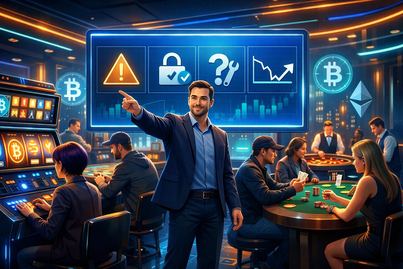 People Interacting In A Futuristic Crypto Casino With Digital Games And A Guide Explaining Solutions Using Holographic Displays.
