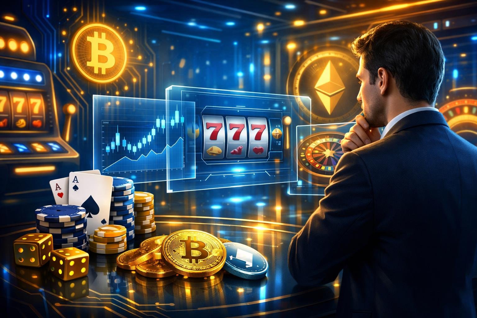 A Person Reviewing Digital Casino Games And Cryptocurrency Symbols In A Modern, Futuristic Casino Setting.