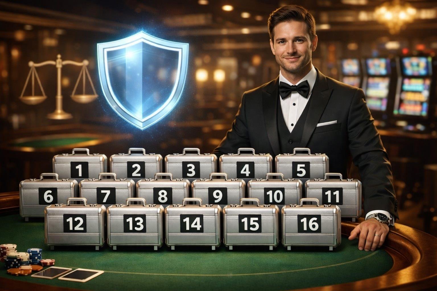 A Dealer At A Casino Table With Numbered Briefcases, Surrounded By Symbols Representing Fairness And Licensing.