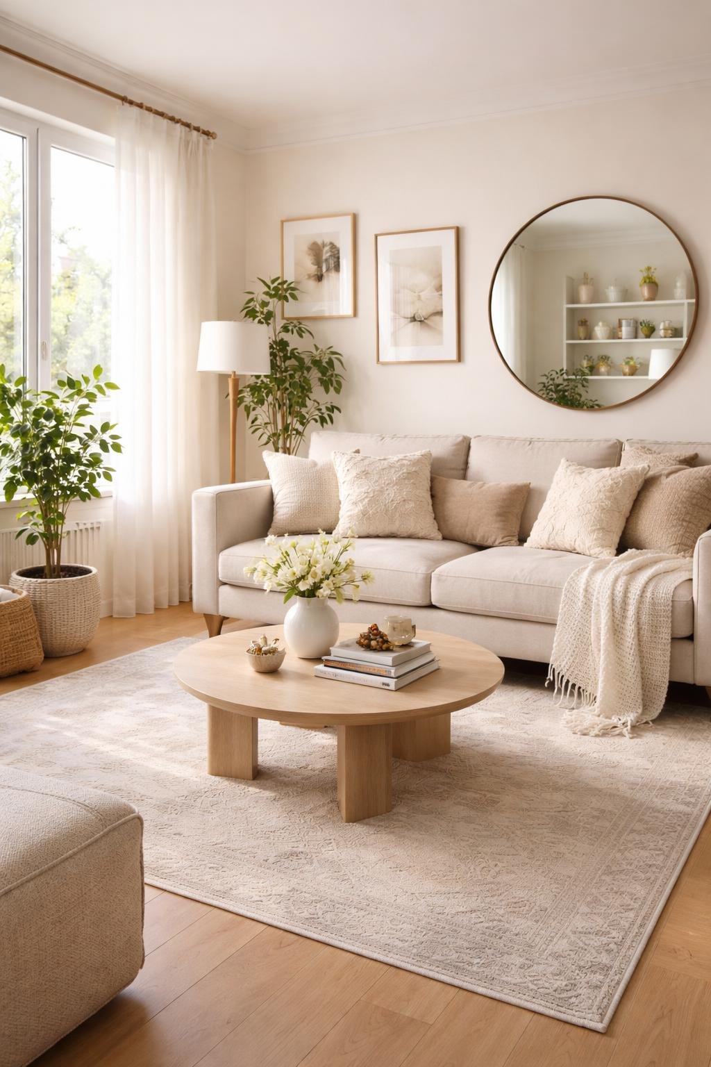A bright living room with a neutral sofa, coffee table with flowers and books, wall art, a large mirror, indoor plants, and warm lighting.