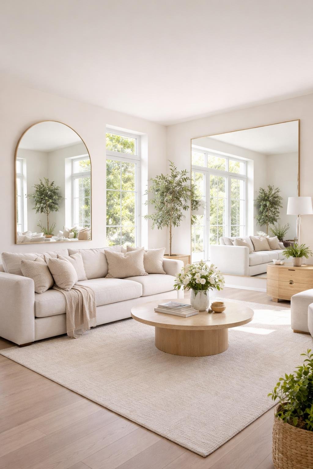 A bright living room with large mirrors reflecting natural light and creating a spacious atmosphere.