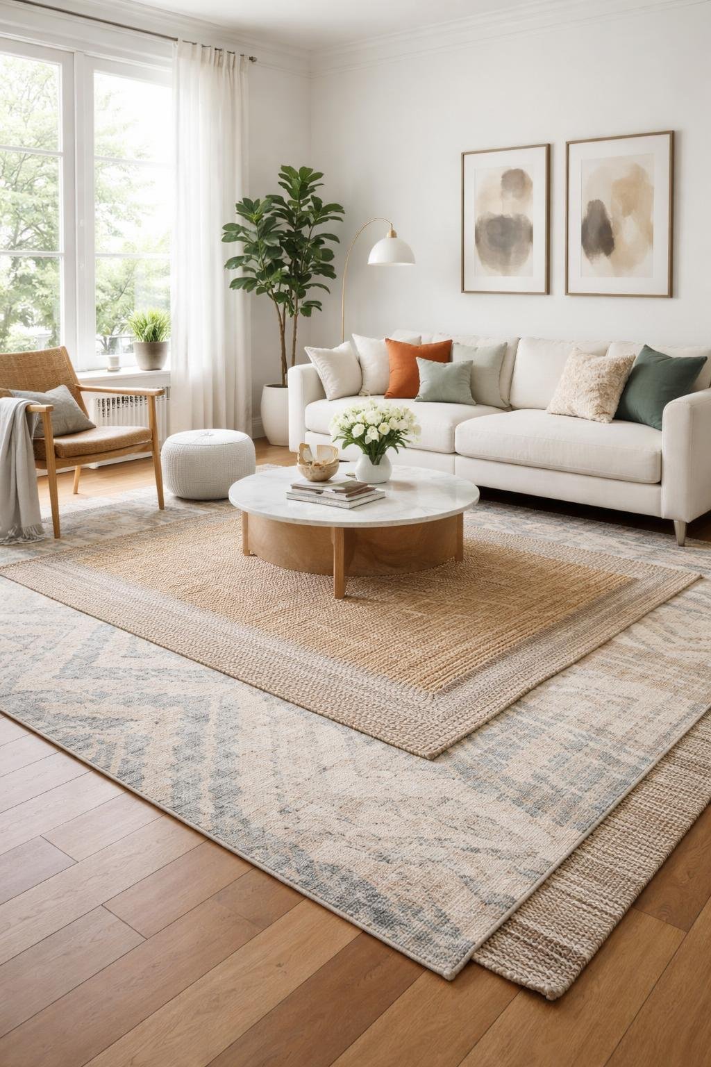 A living room with layered area rugs, modern furniture, plants, and natural light creating a warm and inviting space.
