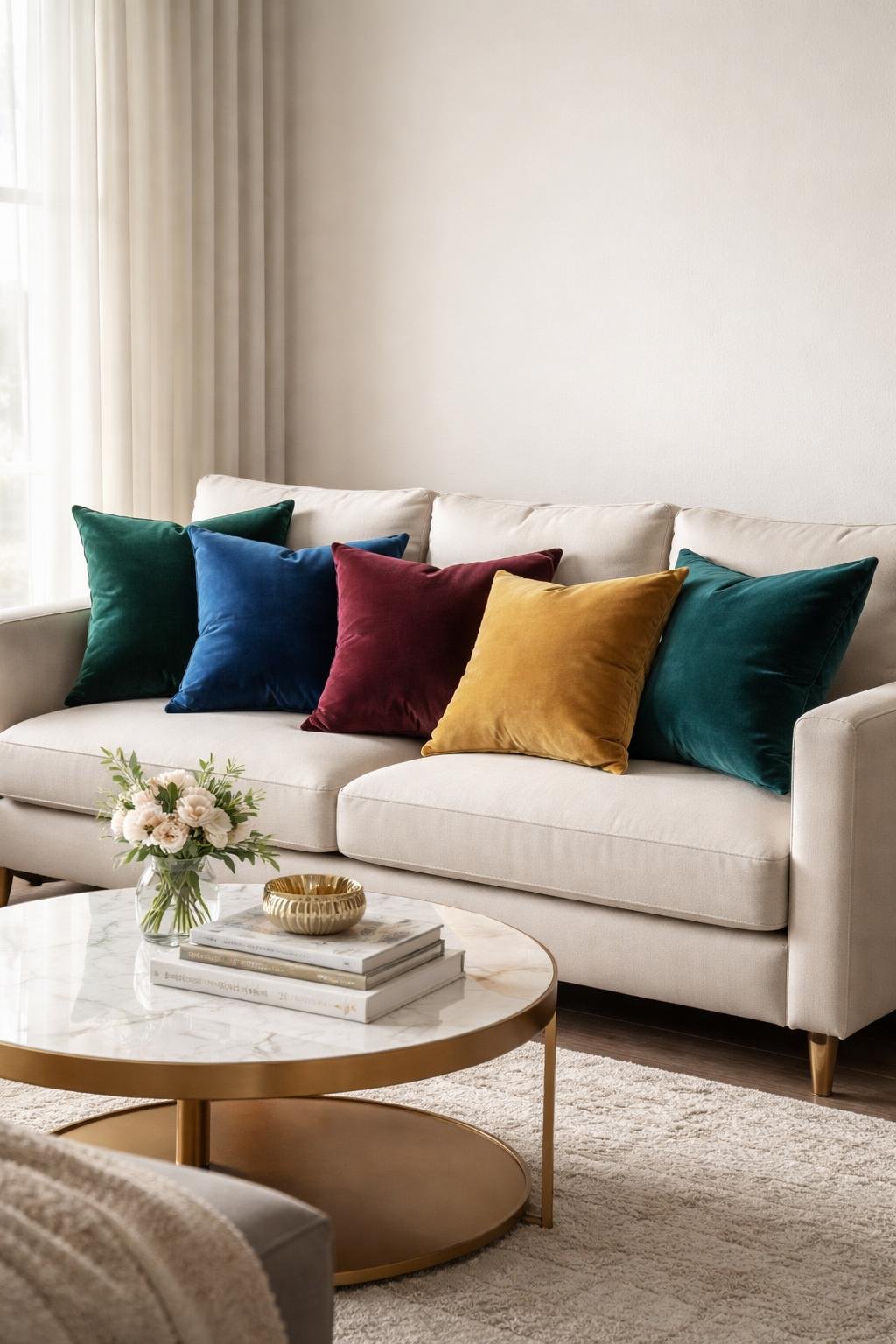 Living room with a sofa featuring several velvet throw pillows in rich colors and a coffee table with simple decor items.