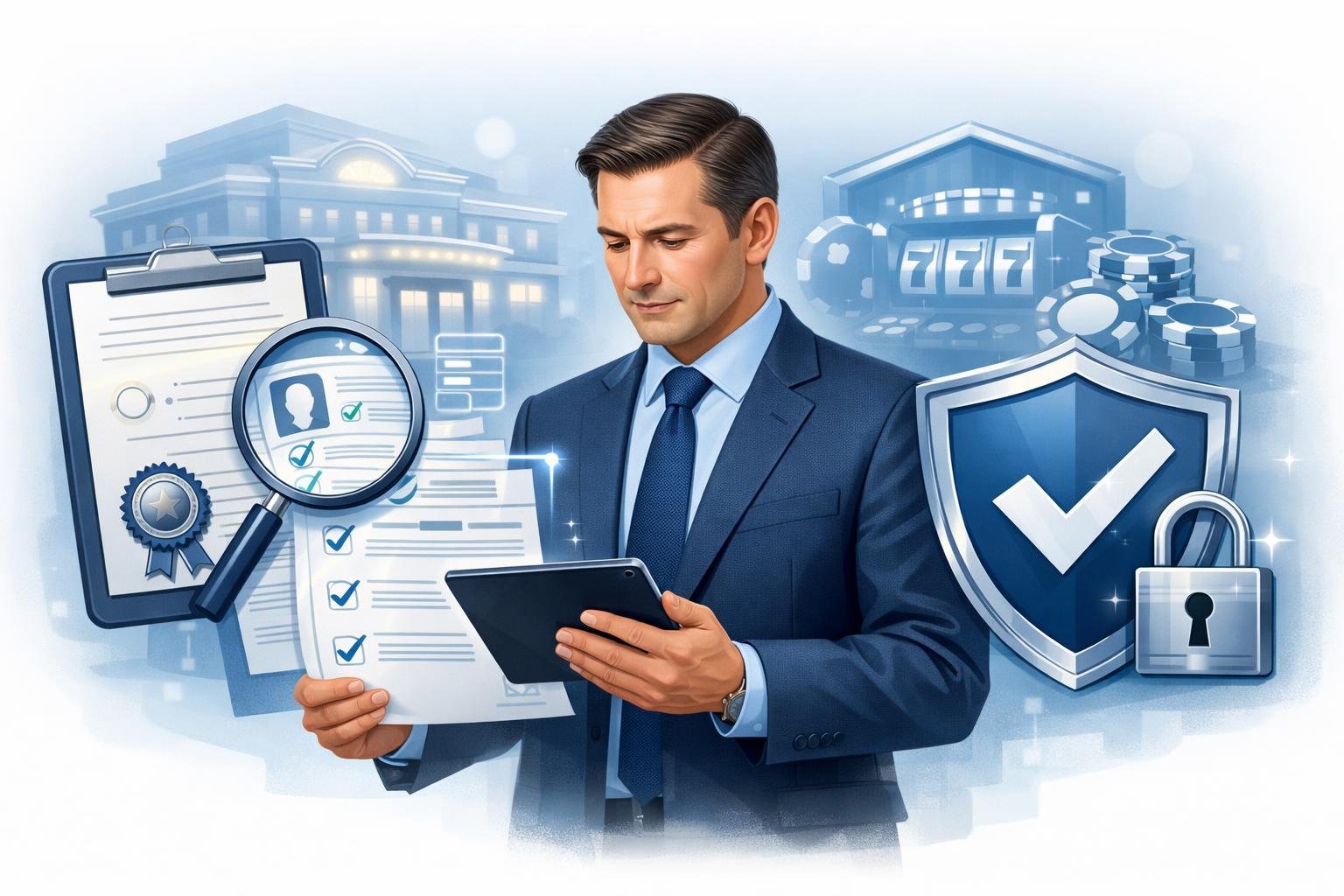 An Auditor Reviewing Documents And Digital Records With Symbols Of Certification And Security, With A Casino Building In The Background.