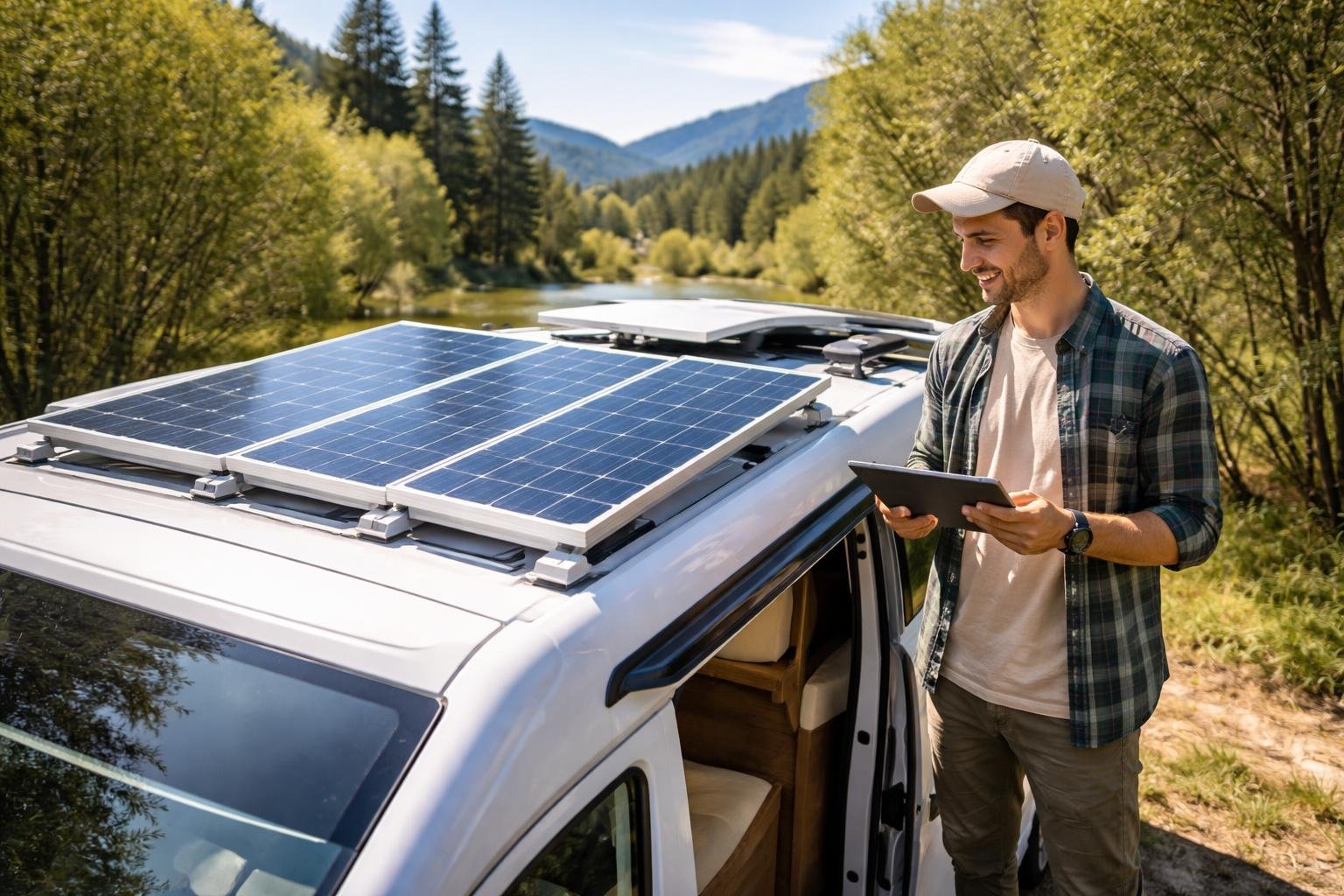 A camper van parked outdoors with solar panels on its roof and a person checking the setup nearby.