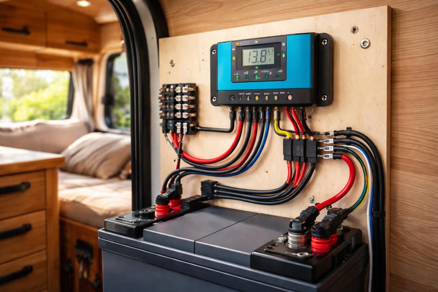 Close-up of a van interior showing solar wiring connected to a solar charge controller mounted on a wooden panel, with part of the van's living space visible in the background.