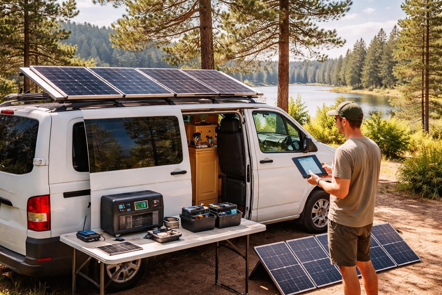 A person checking solar panels on the roof of a camper van parked in a natural outdoor setting with solar equipment nearby.