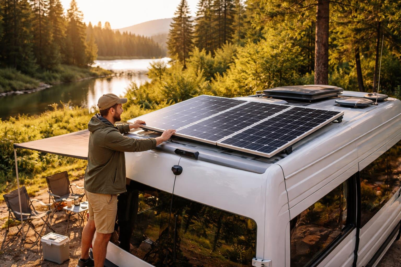 A camper van with solar panels on its roof parked in nature, with a person adjusting the solar setup nearby.