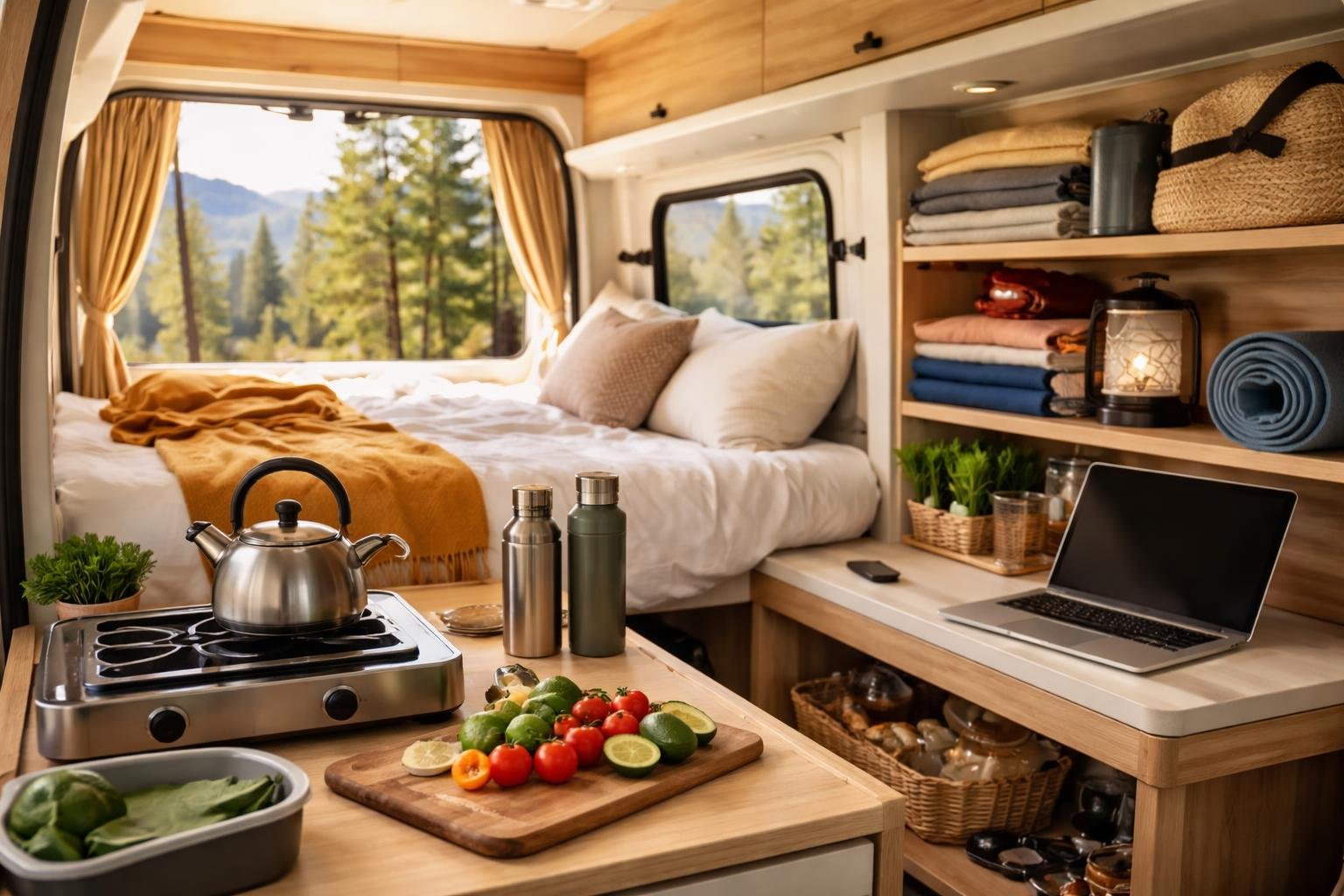 Interior of a camper van showing essential items for van life including a bed, stove, water bottles, fresh food, storage shelves, and a laptop with a scenic outdoor view through the open door.