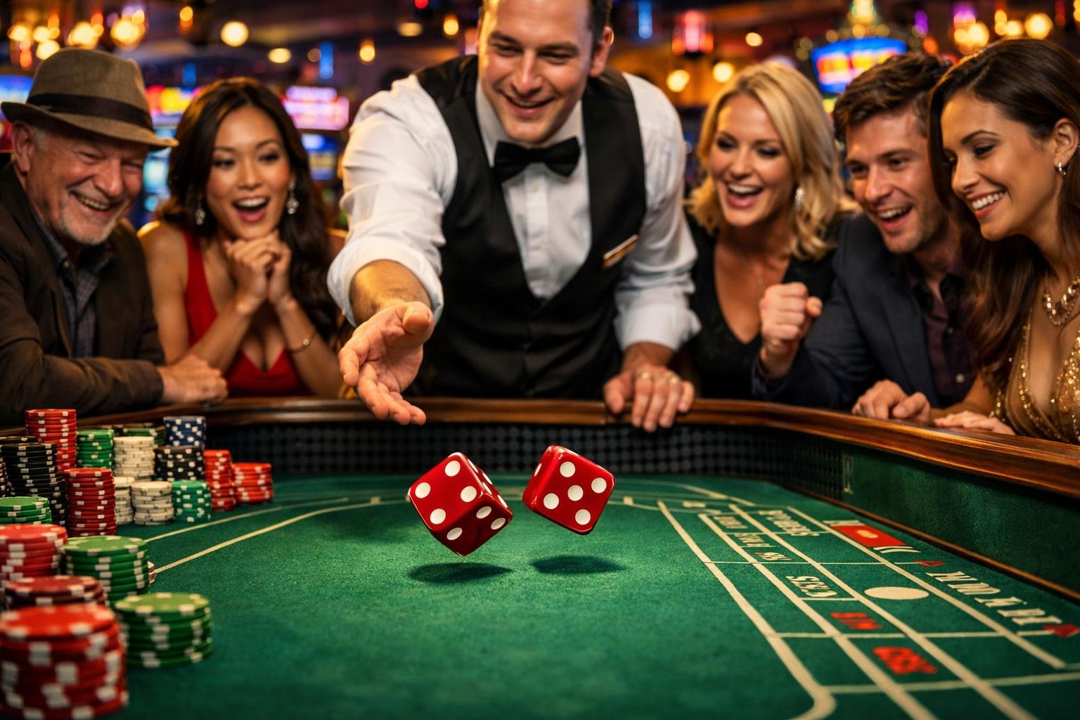 A Group Of People Gathered Around A Casino Table Watching Dice Being Rolled, With Colorful Casino Elements In The Background.