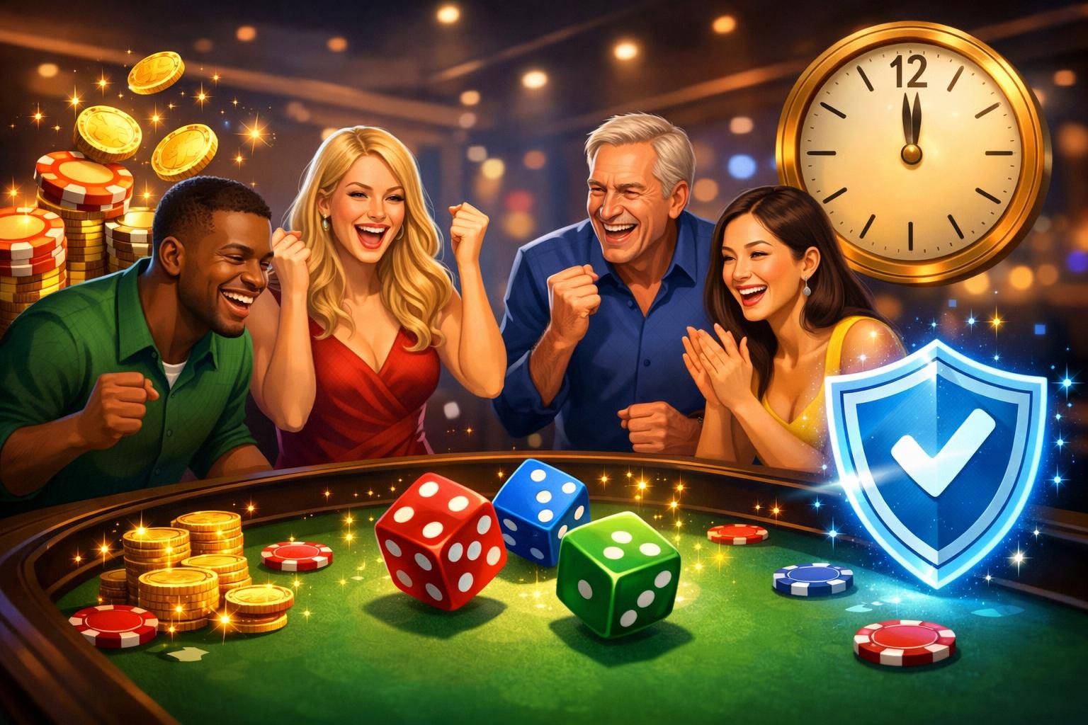 A Group Of Happy Players Gathered Around A Casino Table With Colorful Dice Rolling, Surrounded By Symbols Of Coins, A Shield, And A Clock Representing Benefits For Players.